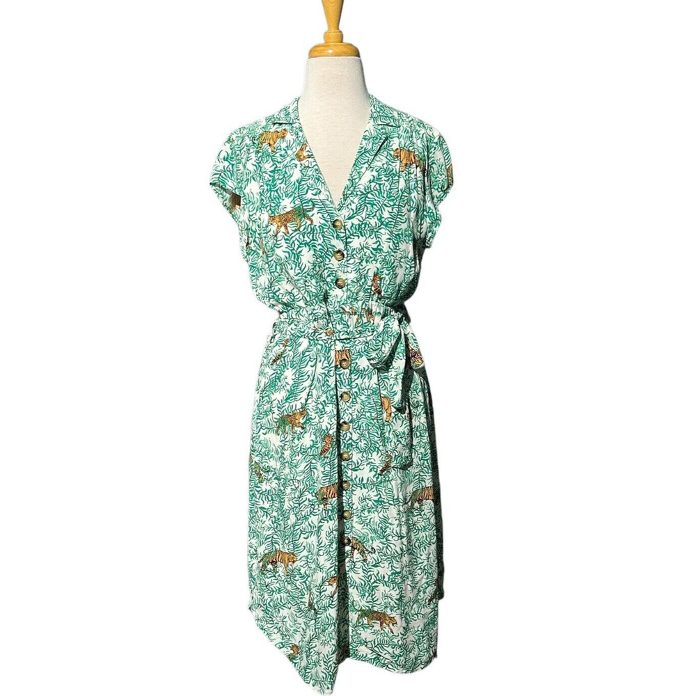 Anthropologie Green and Brown Jungle Print Button-Front Dress